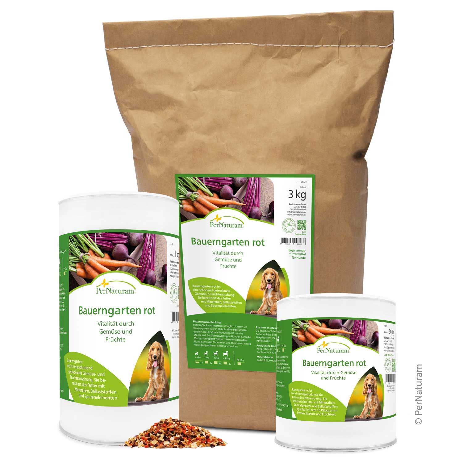 Produktverpackungen: Beutel und Dosen. Aufschrift: Bauerngarten rot. Gemüse- und Frucht-Abbildung. 3 kg-Angabe.