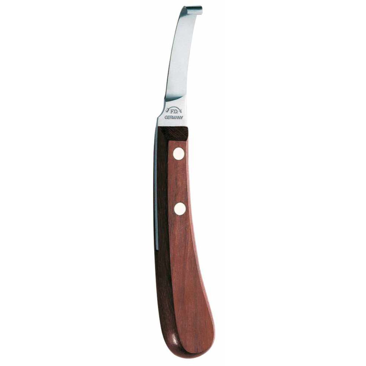 Hufmesser mit Holzgriff und gebogener Klinge. Hergestellt in Deutschland.