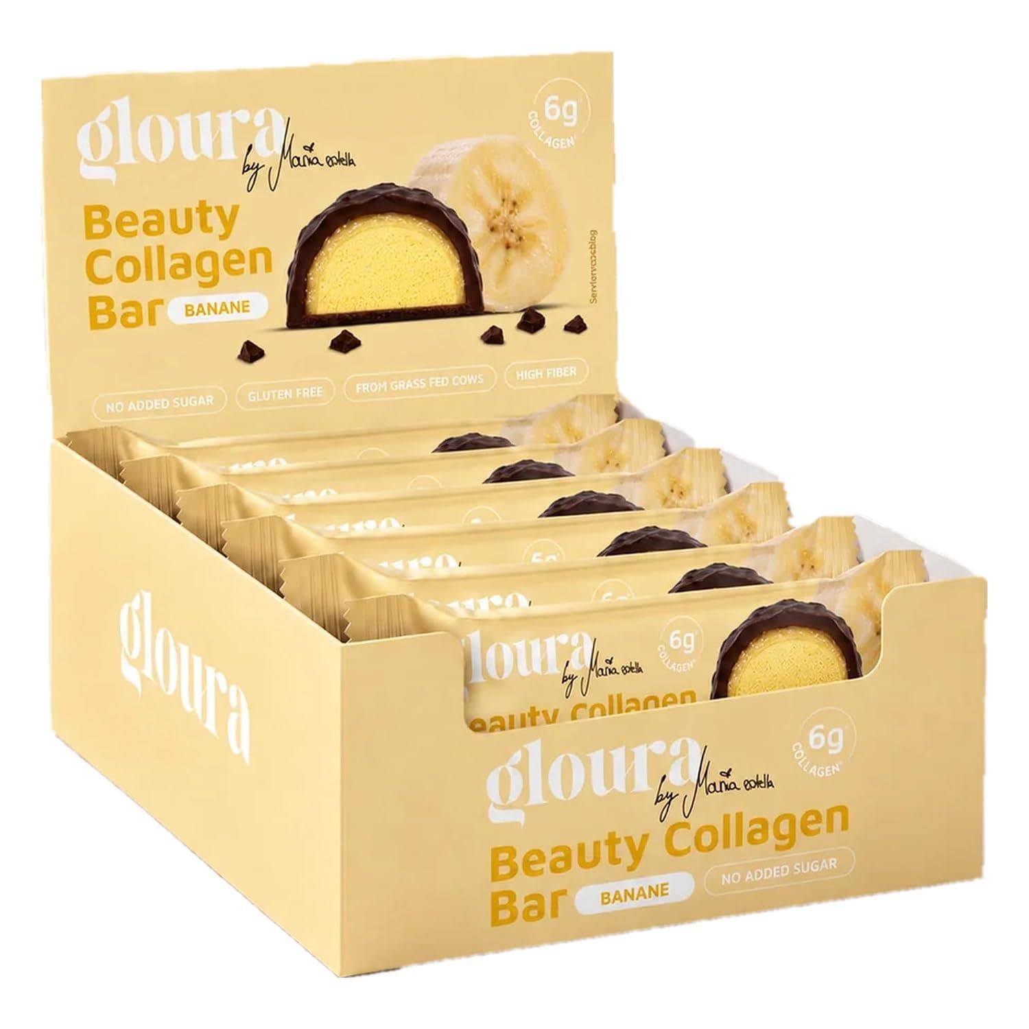 Drei aufgeschnittene Bananen-Beauty-Kollagenriegel mit Schokoladenüberzug auf einem Teller.