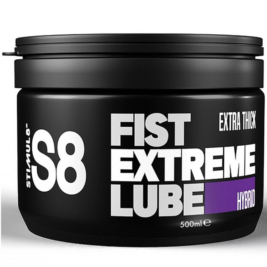 Schwarzer Behälter mit weißer Aufschrift: FIST EXTREME LUBE, EXTRA THICK, HYBRID. Marke S8. Volumenangabe 500ml.