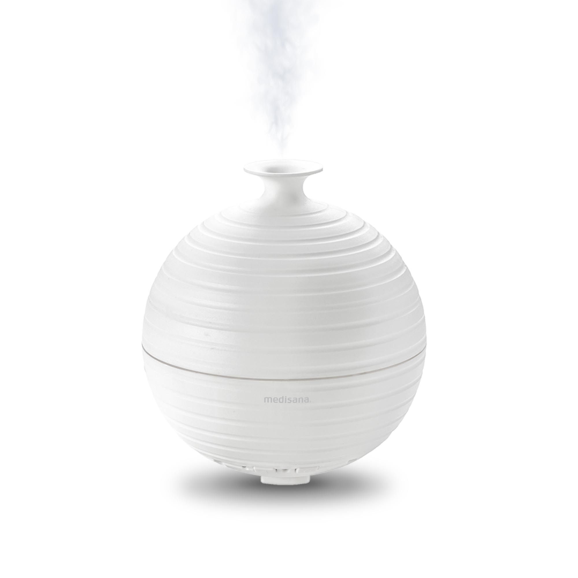 Weißer runder Aroma-Diffusor mit gerillter Oberfläche und Dampfaustritt.