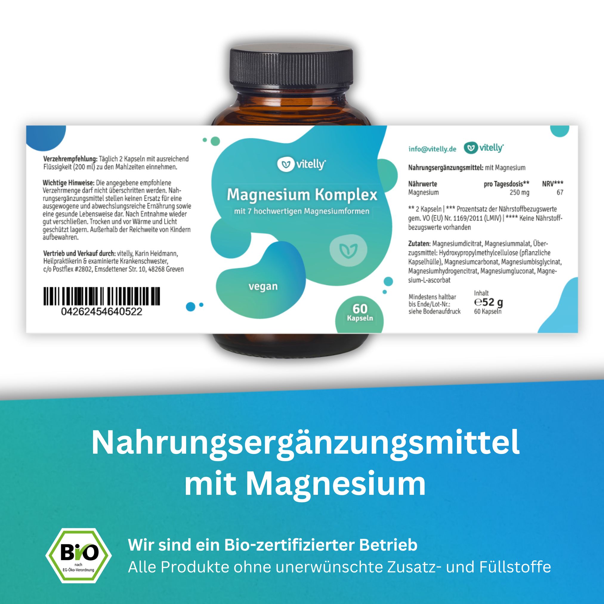 Etikett mit Produktinformationen. Aufschrift: Magnesium Komplex, vegan, 60 Kapseln. Bio-Zertifizierung.