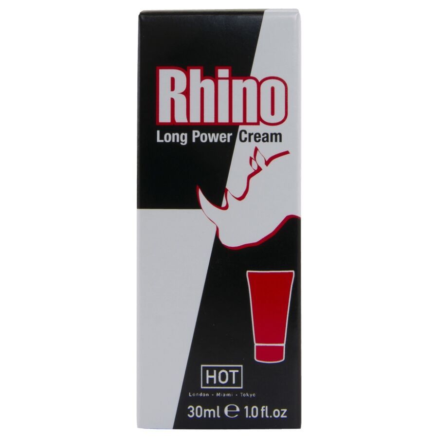 Vorderseite der Rhino Long Power Cream Verpackung mit Nashorn-Logo, rotem Becher-Symbol und Größenangabe.