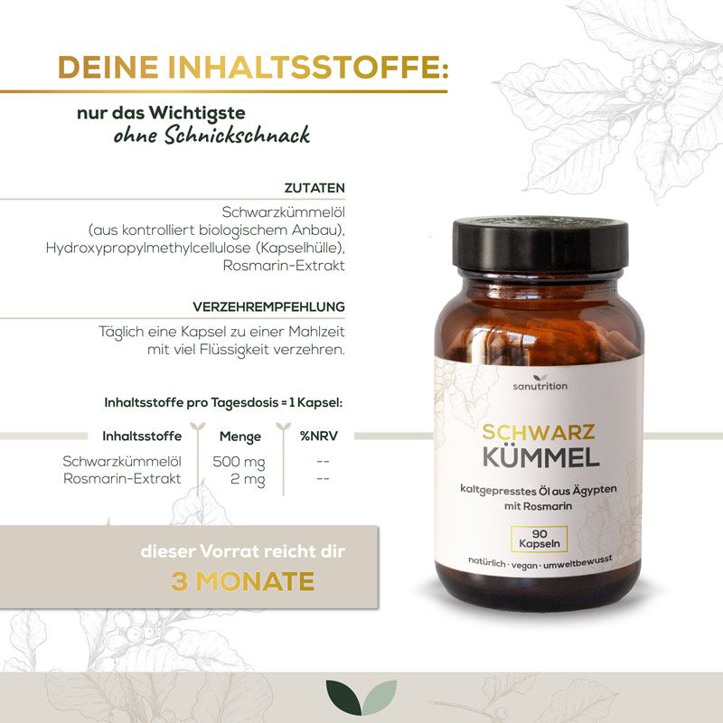 Flasche SCHWARZ KÜMMEL mit Inhaltsstoff-Tabelle. Enthält Schwarzkümmelöl und Rosmarin-Extrakt. 90 Kapseln. Empfehlung: 1 Kapsel pro Mahlzeit.