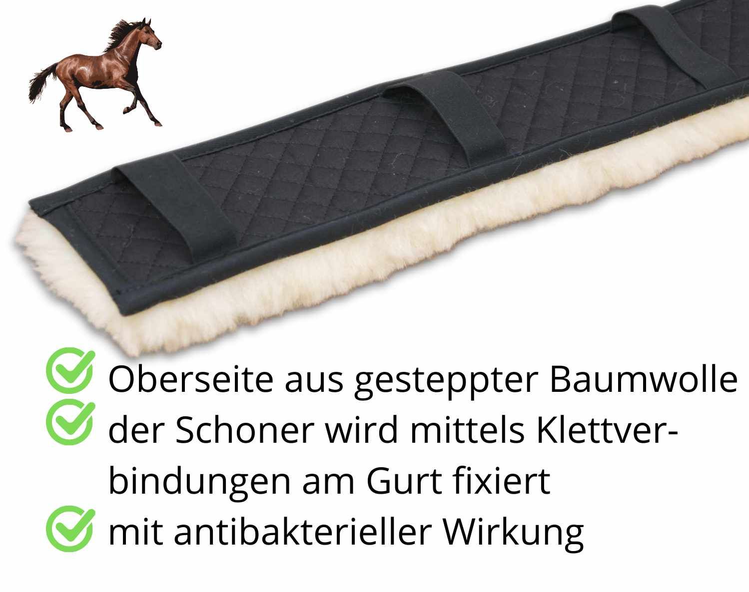 Lammfell Gurtschoner mit schwarzem, gestepptem Oberteil. Text: Oberseite aus Baumwolle, Klettverschluss, antibakteriell.