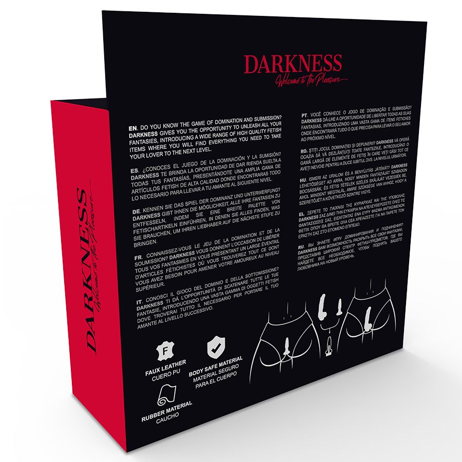 Rückseite der Darkness-Verpackung. Text in mehreren Sprachen. Illustrationen von Produkten. Logos und Produktinformationen.