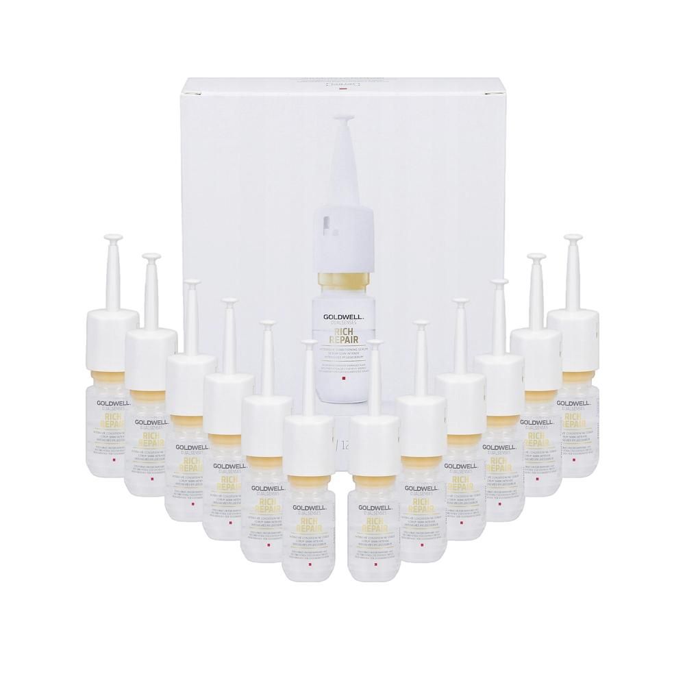 Goldwell Rich Repair Intensives Pflegeserum in einer Packung mit 12 Fläschchen.