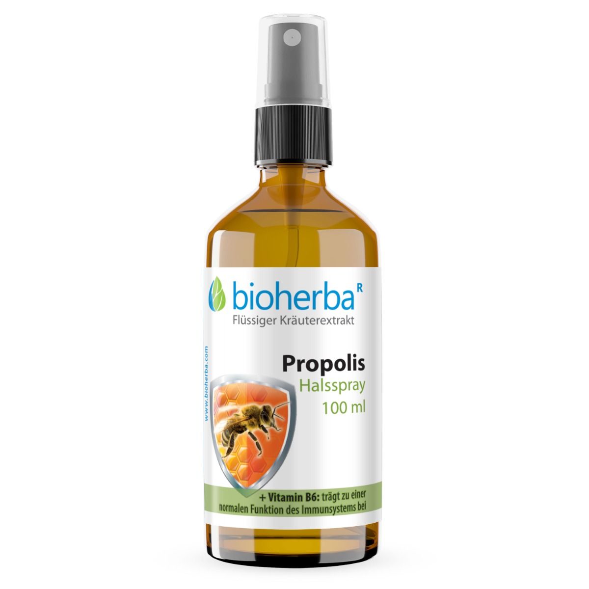 Bioherba Propolis Halsspray, 100 ml. Braune Flasche mit Sprühkopf. Text: + Vitamin B6: trägt zu einer normalen Funktion des Immunsystems bei.