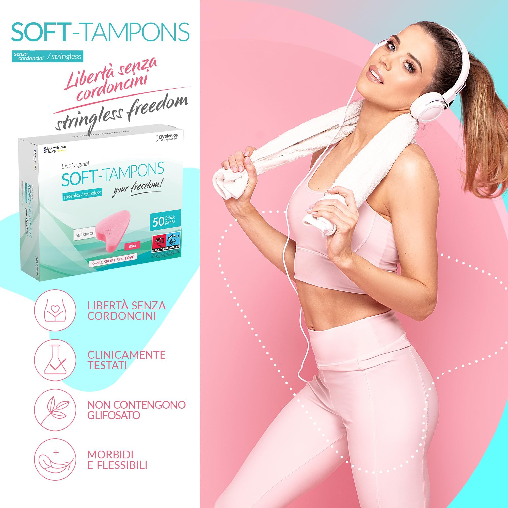 Frau in Sportkleidung mit Kopfhörern neben Soft Tampons mini Packung. Produktmerkmale.