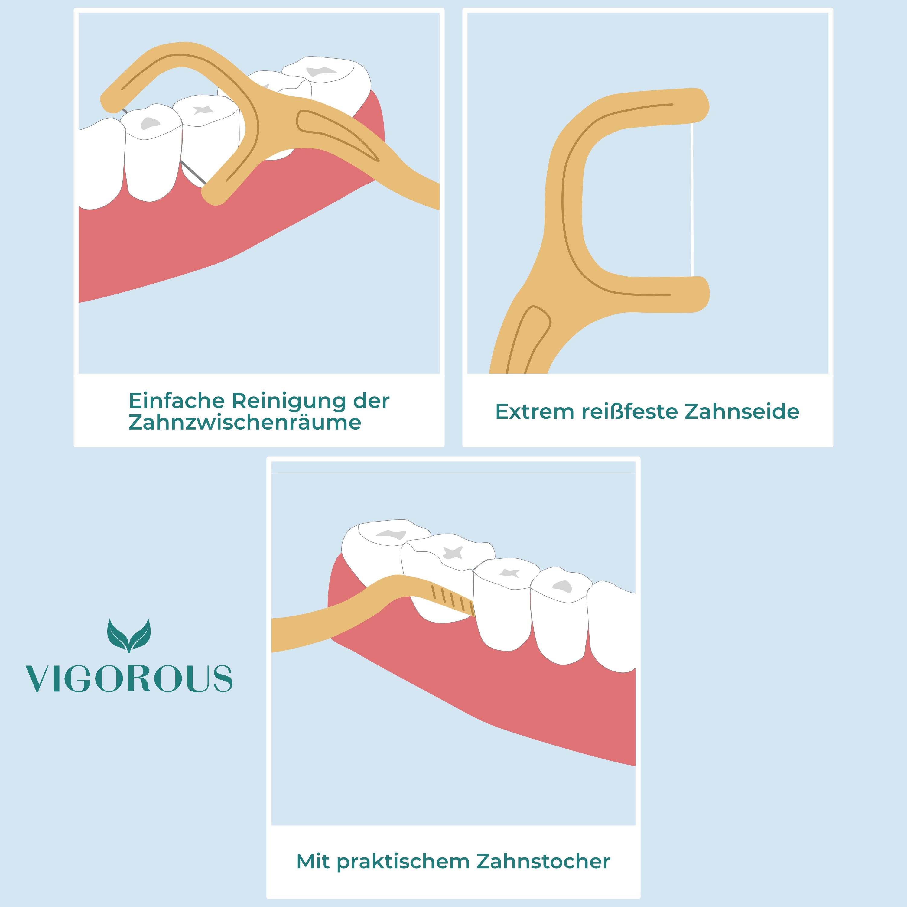 Drei Illustrationen zeigen die Anwendung von Zahnseide-Sticks. Logo: VIGOROUS. Text: Einfache Reinigung, extrem reißfeste Zahnseide, Zahnstocher.