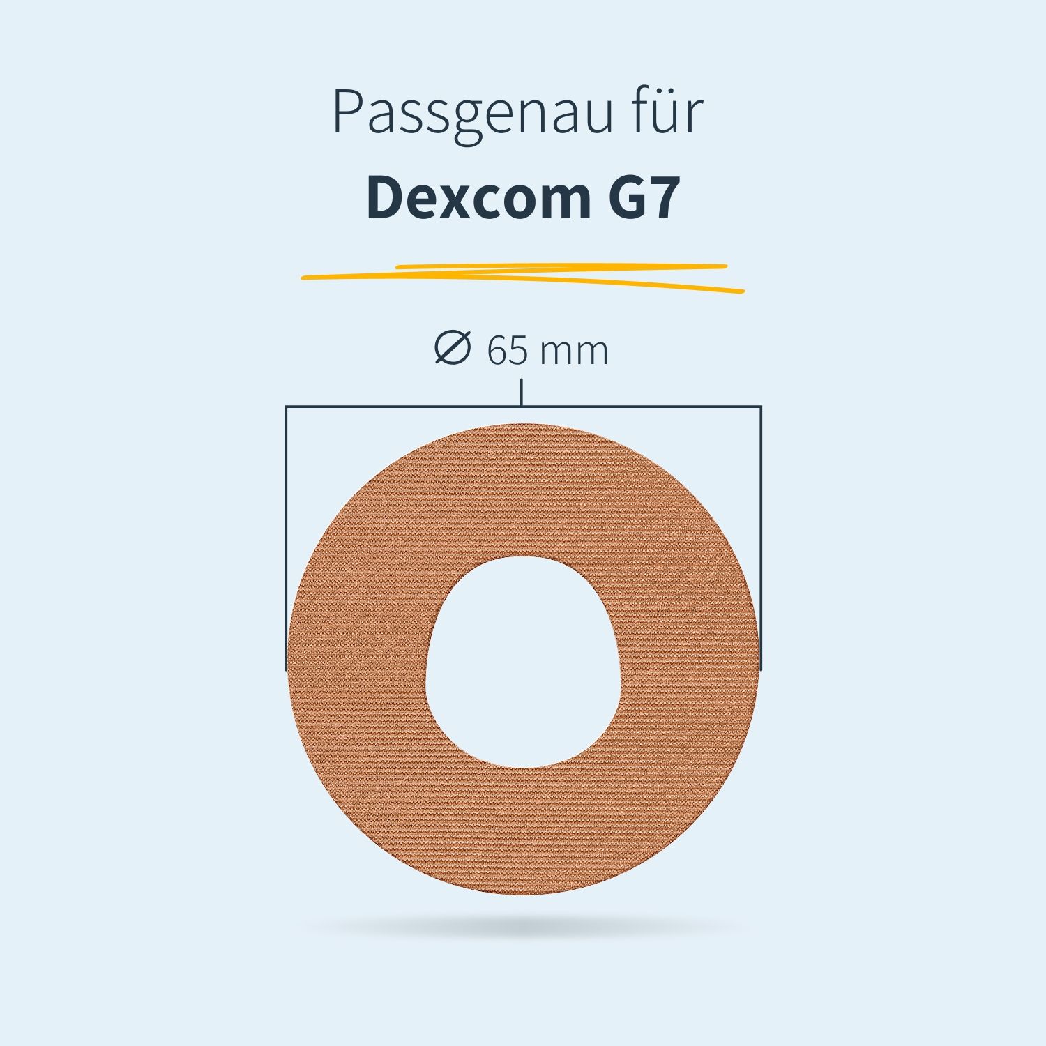 Braunes Pflaster mit Loch, Durchmesser 65 mm. Text: Passgenau für Dexcom G7.