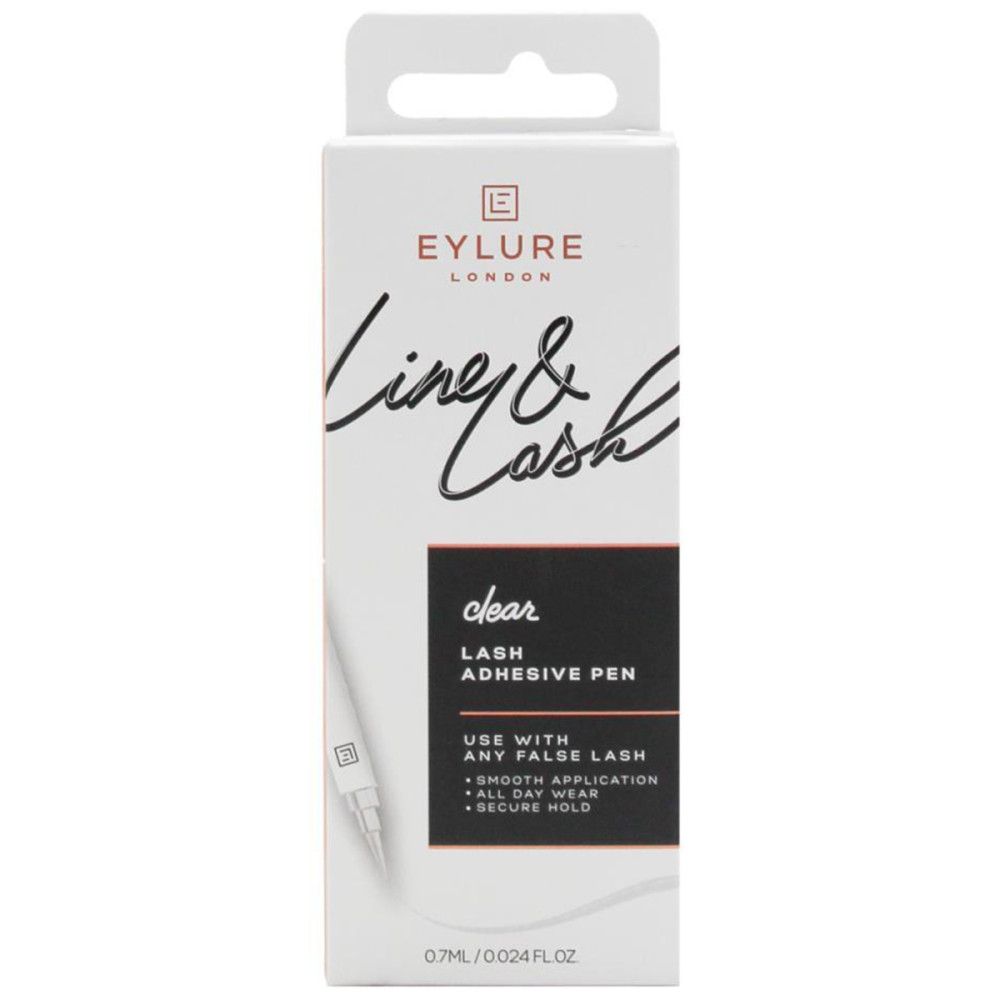 Verpackung. Eylure London, Line & Lash, transparente Wimpernkleber-Eyeliner 2-in-1. Text in Englisch.