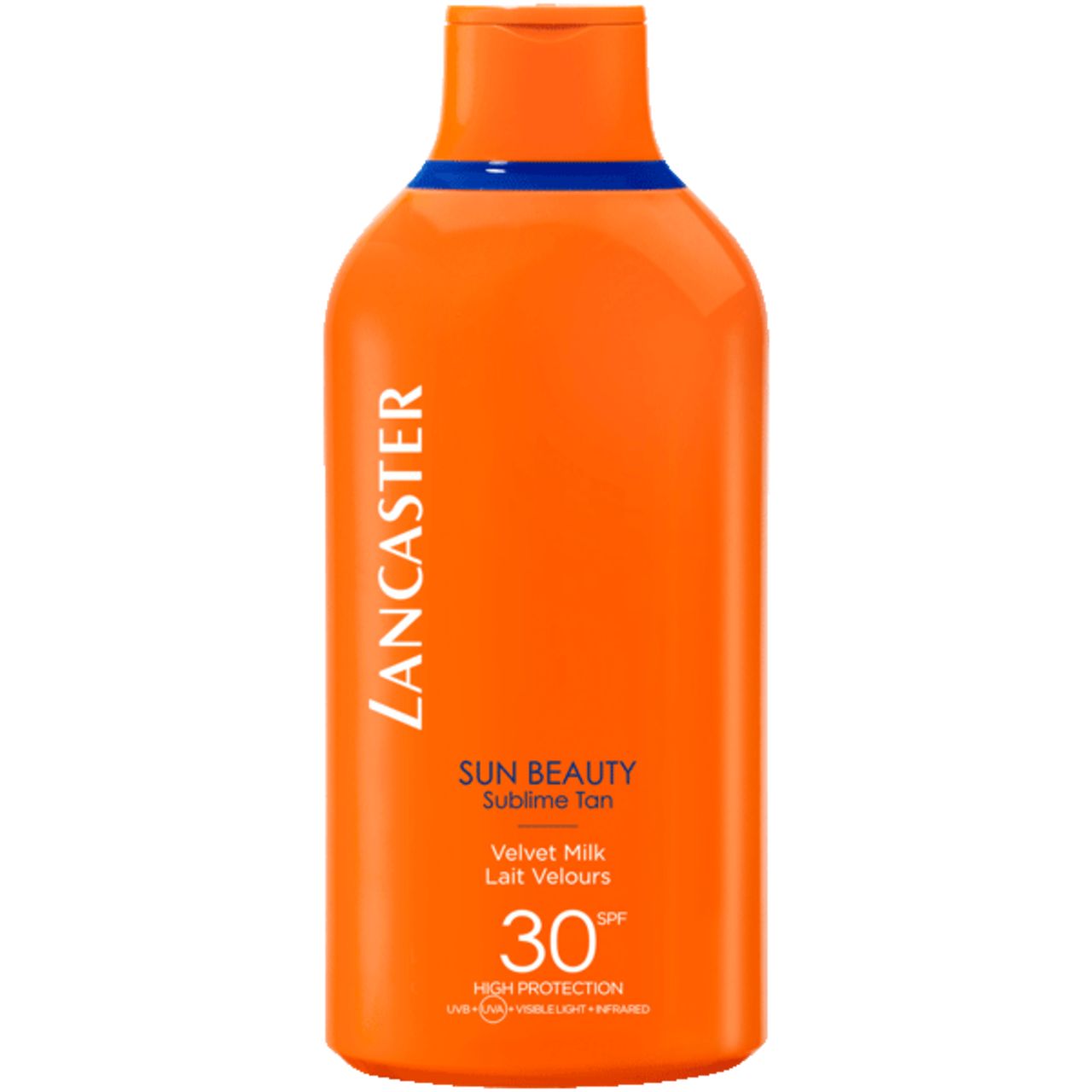 Orangefarbene Flasche mit blauer Linie. Text: Lancaster, Sun Beauty, Velvet Milk, SPF 30.