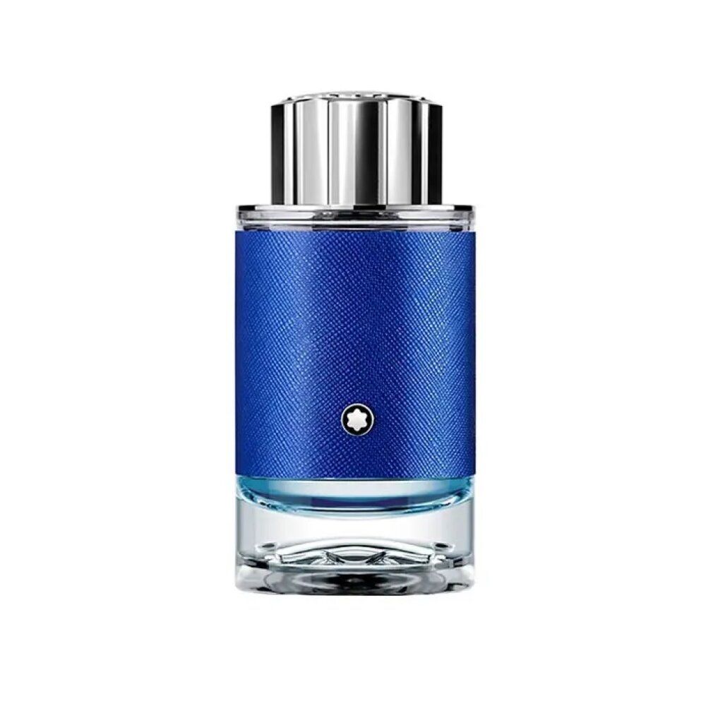 Blauer Flakon mit silbernem Deckel. Montblanc-Logo. Glasbasis. Texturierte blaue Hülle.