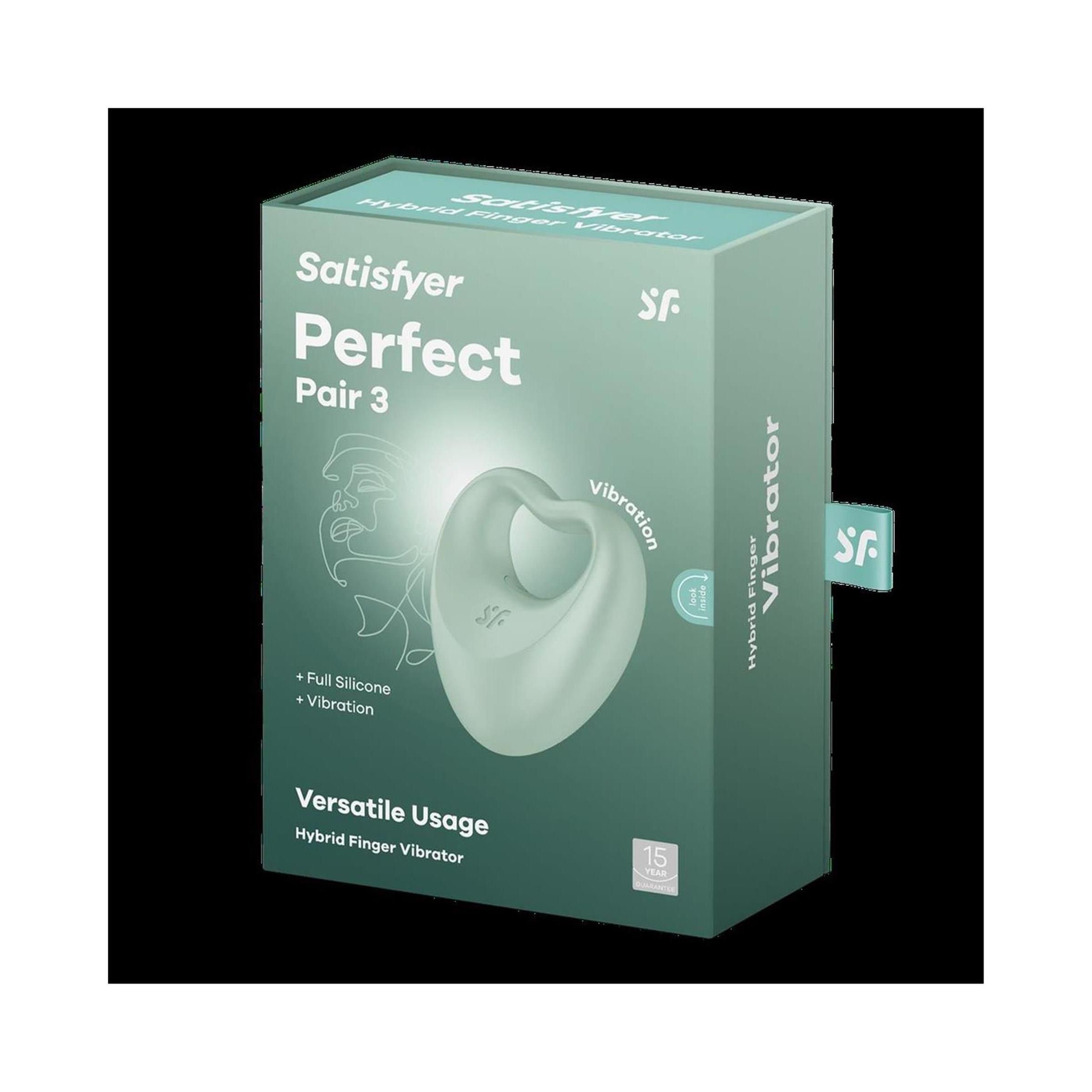 Verpackung von Satisfyer Perfect Pair 3. Mintgrüne Box mit Produktabbildung und Schriftzug. Hybrid-Finger-Vibrator.