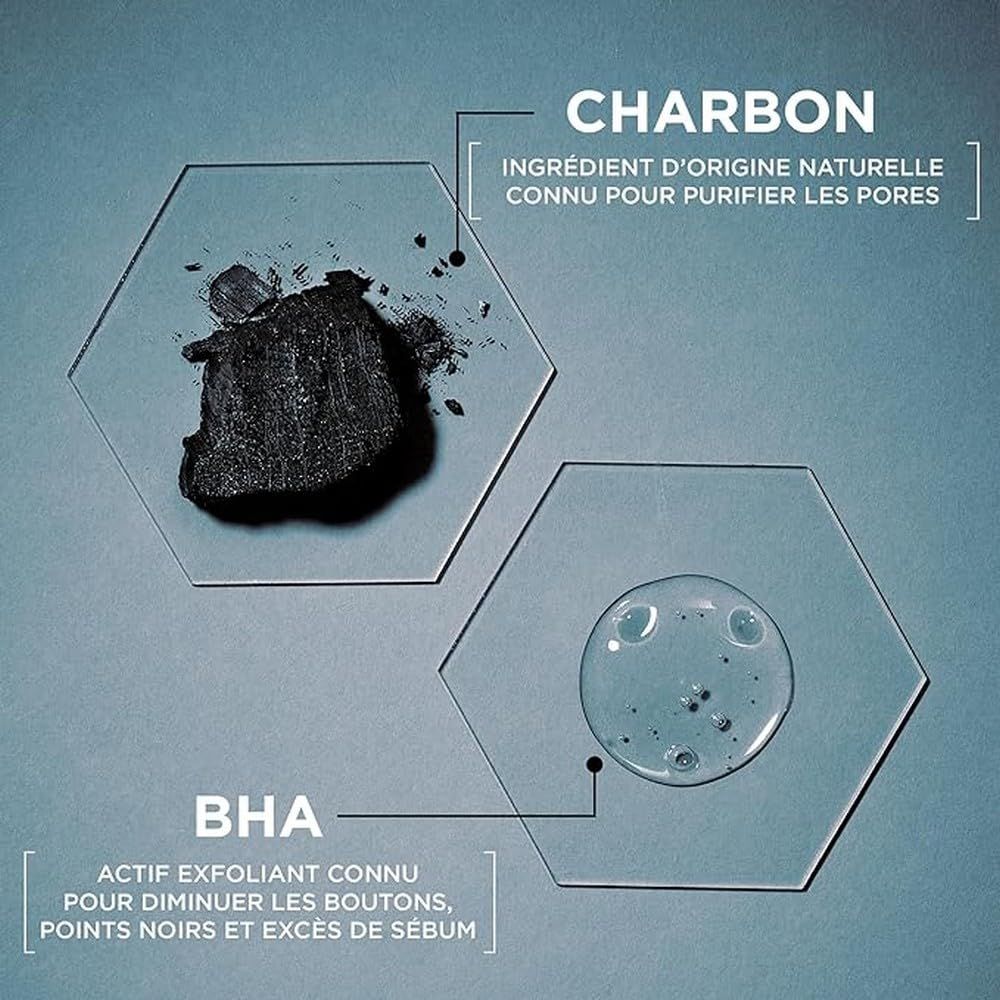 Zwei hexagonale Formen mit Inhaltsstoffen. Kohle und BHA. Text: Kohle, BHA. Natürliche Inhaltsstoffe.