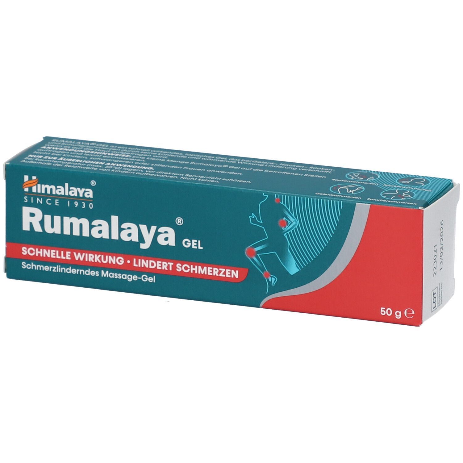 Himalaya Rumalaya Gel Schachtel, 50g. Zeigt eine stilisierte Silhouette eines Läufers mit Fokus auf Gelenke.