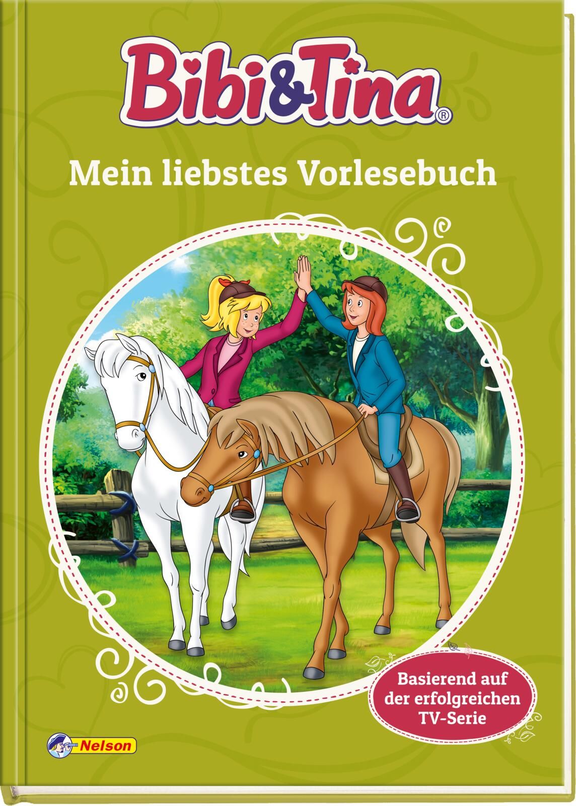 Buchcover von Bibi & Tina: Mein liebstes Vorlesebuch. Zwei Mädchen auf Pferden, grüner Hintergrund, Titel und Logo.