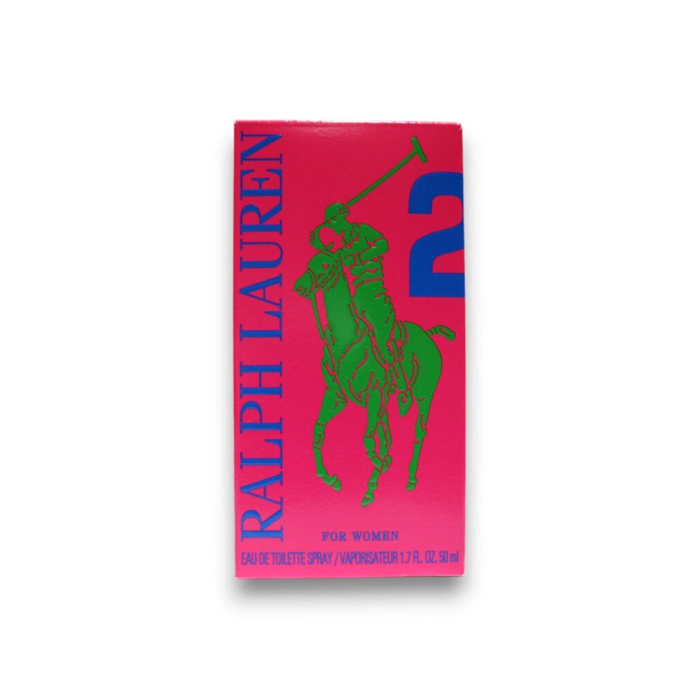Rosa Verpackung mit grünem Logo und blauer "2". "Ralph Lauren" und Produktbezeichnung. Für Damen.