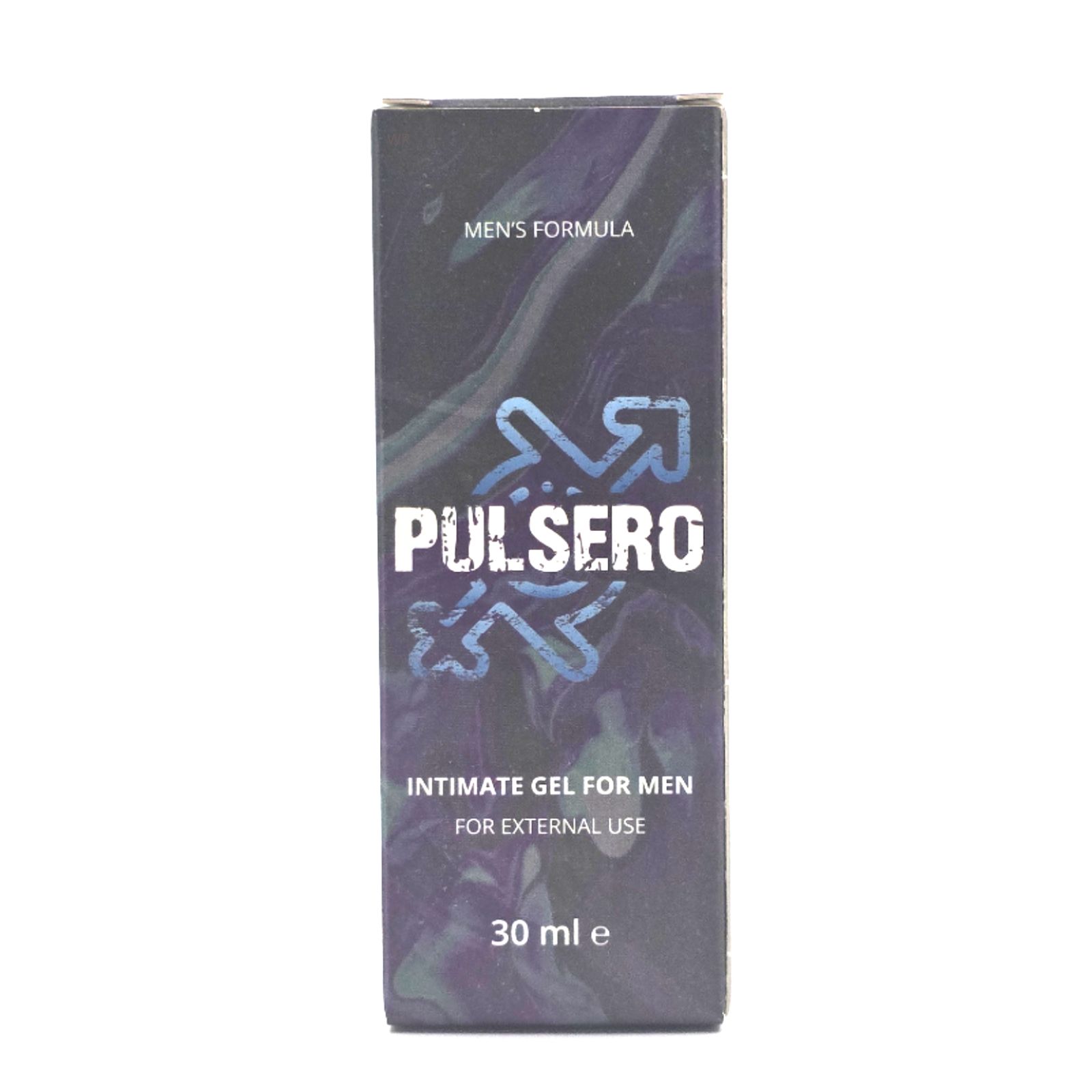 Schwarze rechteckige Verpackung. Aufschrift "PULSERO" in Weiß und blauem Design. Text: "INTIMATE GEL FOR MEN". Unten: "30 ml e".