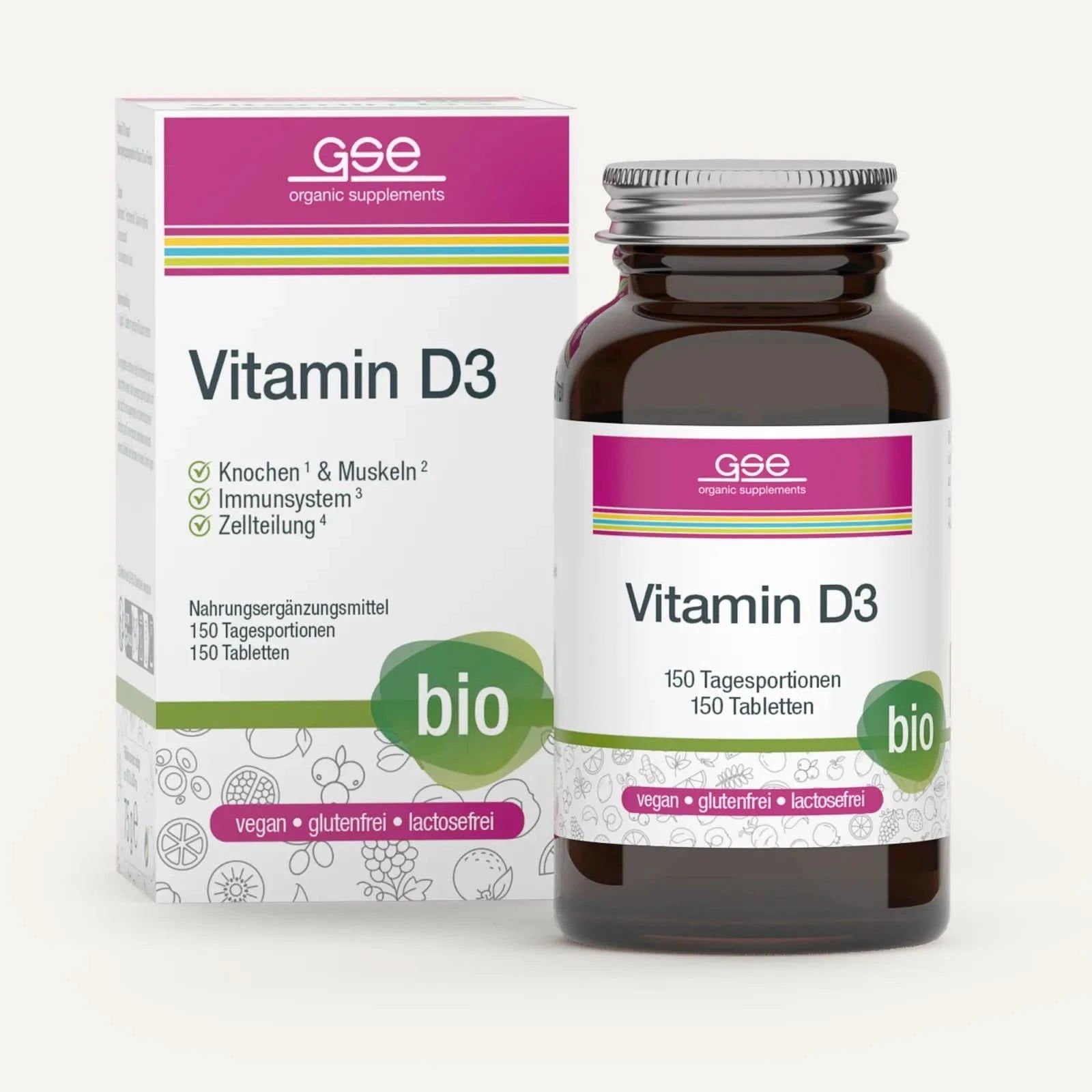 Braune Glasflasche und Karton mit Vitamin D3. Aufschrift: Vitamin D3, 150 Tabletten, bio. Marke: gse.