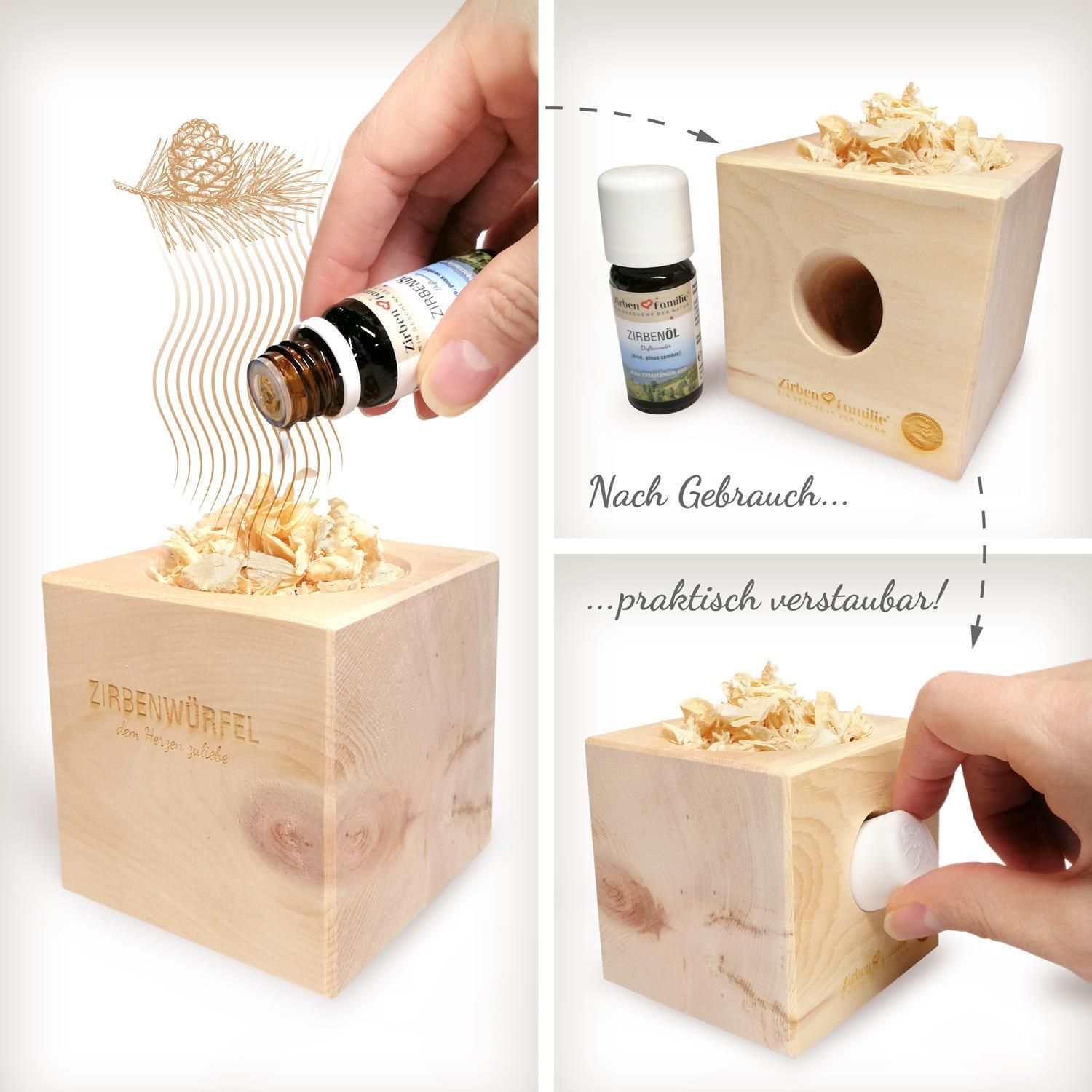 Holzwürfel mit Ölflasche und Holzspänen. Anwendungsbeispiele: Öl auf Späne träufeln, Flasche verstauen.