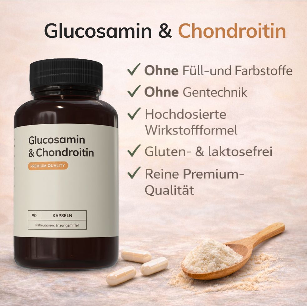 Braune Flasche mit Kapseln. Aufschrift: Glucosamin & Chondroitin. Premium Quality. 90 Kapseln. Zusätzliche Kapseln und Pulver.