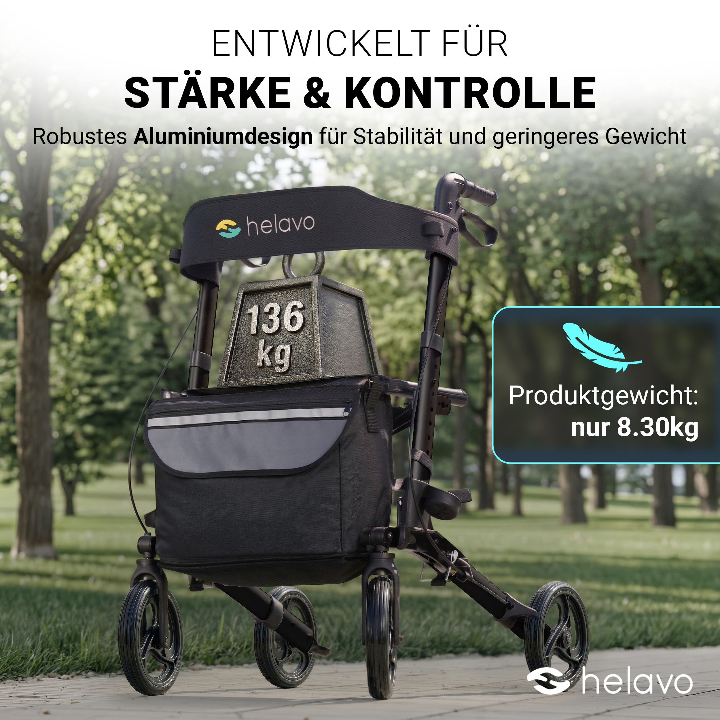 Helavo Rollator mit Sitz und Tasche, belastbar bis 136 kg. Produktgewicht 8,3 kg.