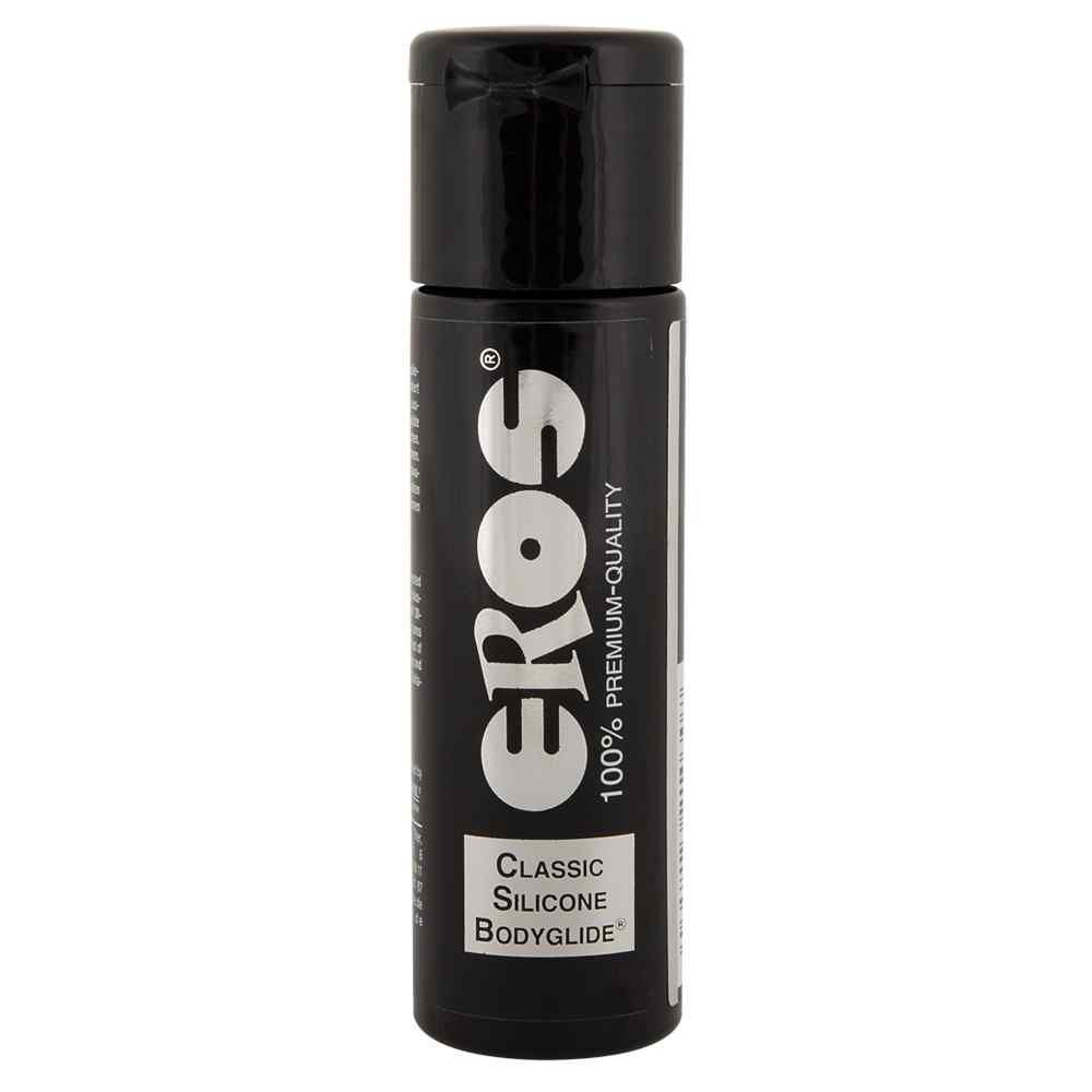 Schwarze Flasche mit schwarzem Deckel. Aufschrift "EROS" und "CLASSIC SILICONE BODYGLIDE".
