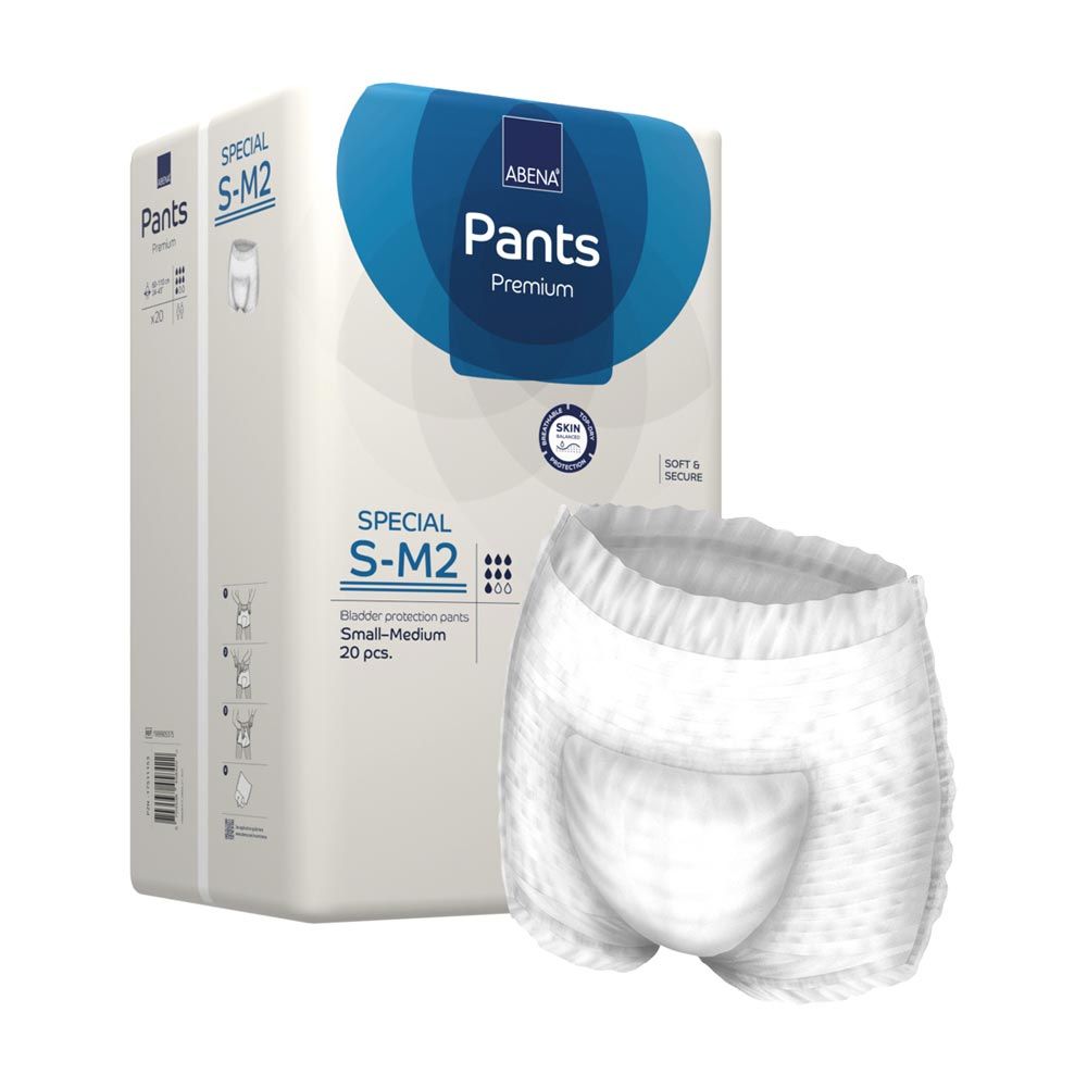 Abena Pants Premium Special S-M2 Verpackung und Pants. Weiße Pants. Aufdruck: Abena, Pants, Premium, Special S-M2, 20 Stück. Pants daneben.