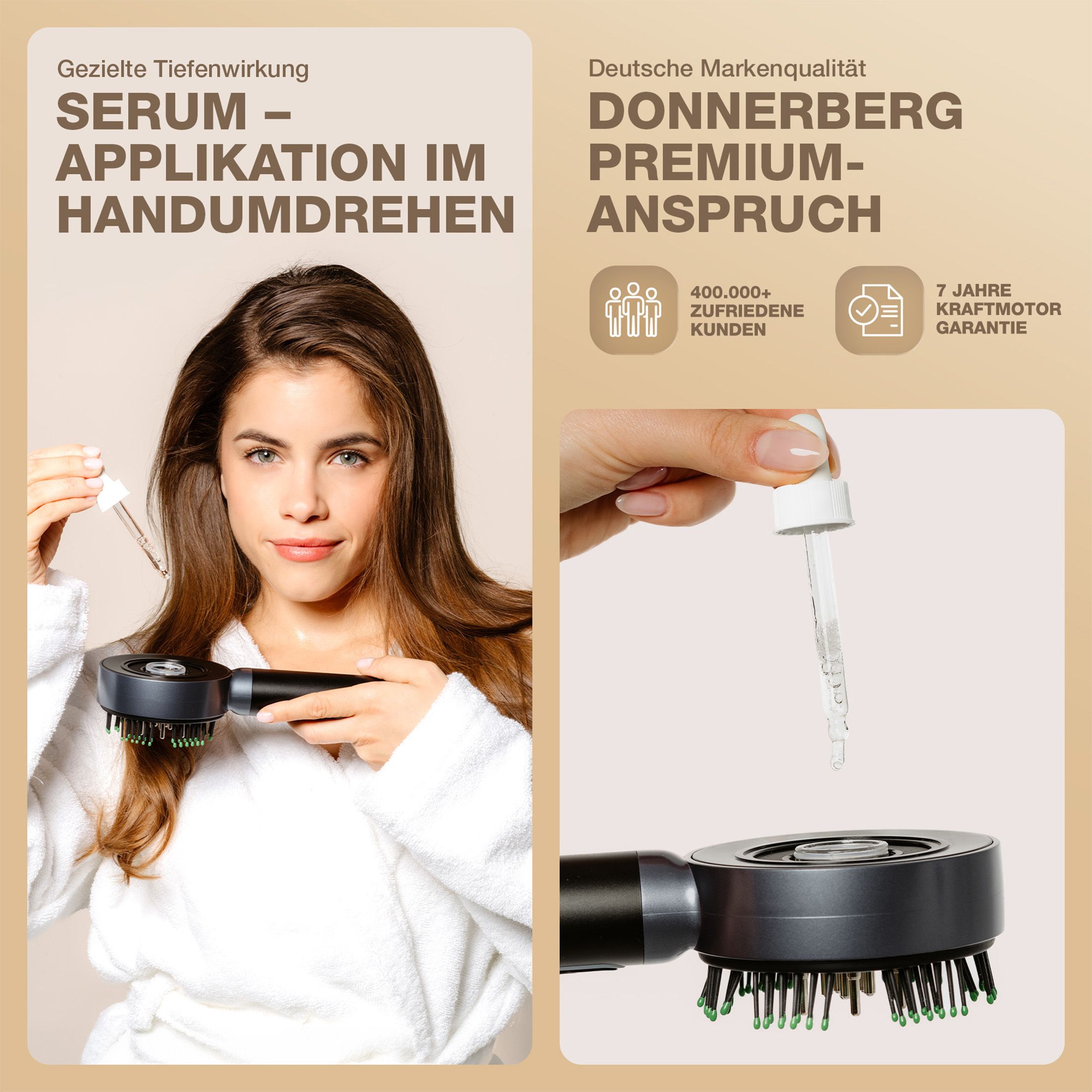 Produktabbildung mit Frau, die das Kopfmassagegerät mit Serum verwendet. Text: Serum-Applikation.