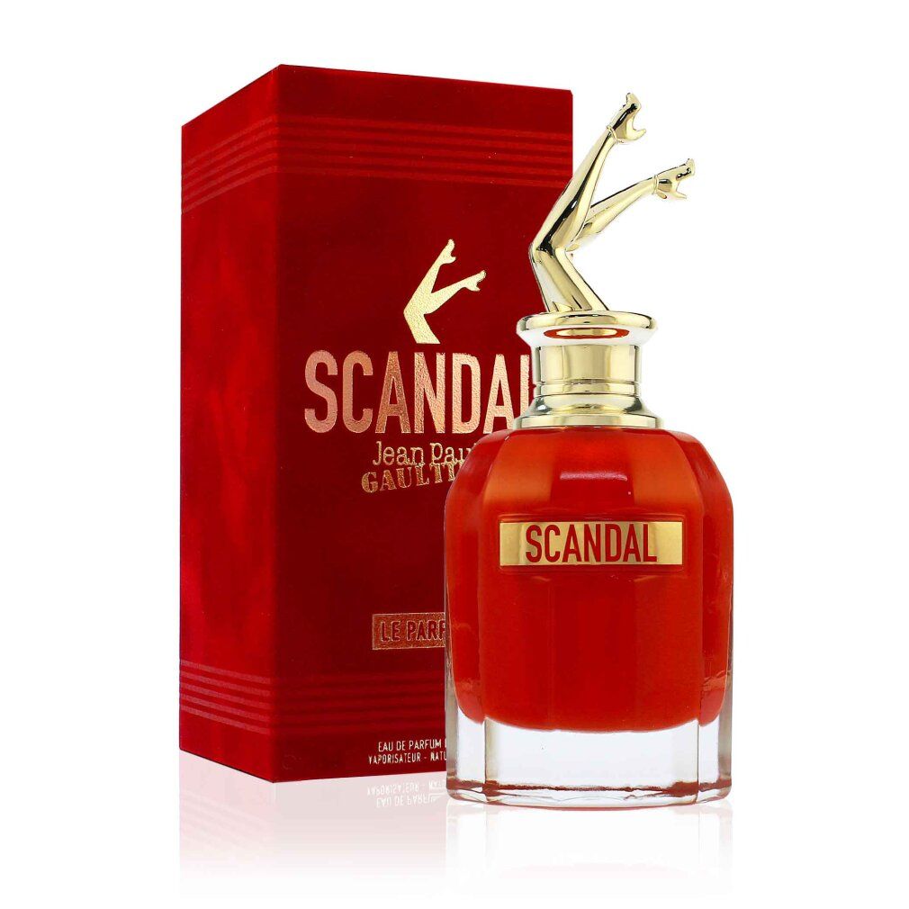 Roter Flakon mit goldenem Deckel in Form von Beinen. Rote Verpackung mit Schriftzug "SCANDAL" und "Jean Paul Gaultier".