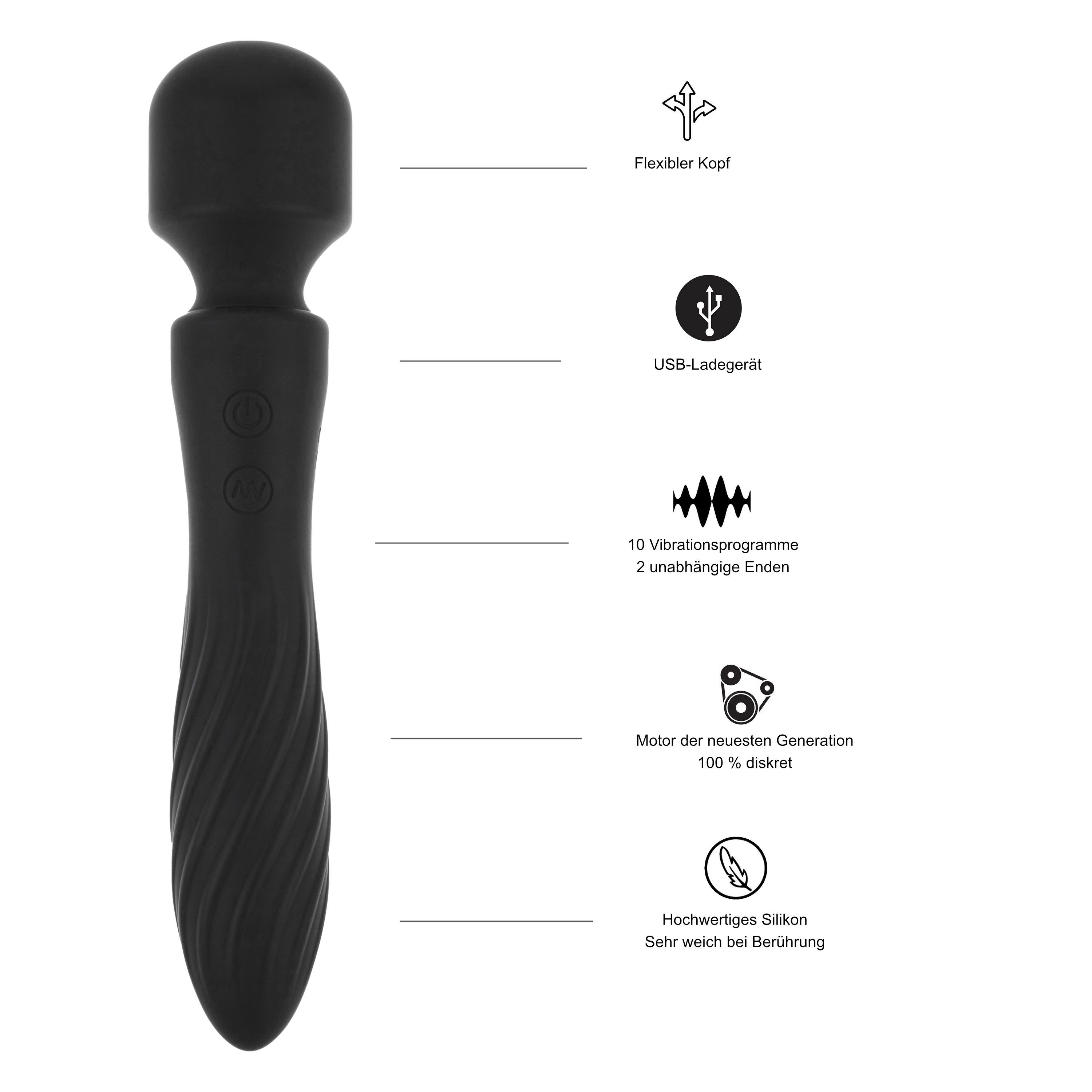 Schwarzer Vibrator mit flexiblem Kopf, USB-Ladegerät, 10 Vibrationsprogrammen.