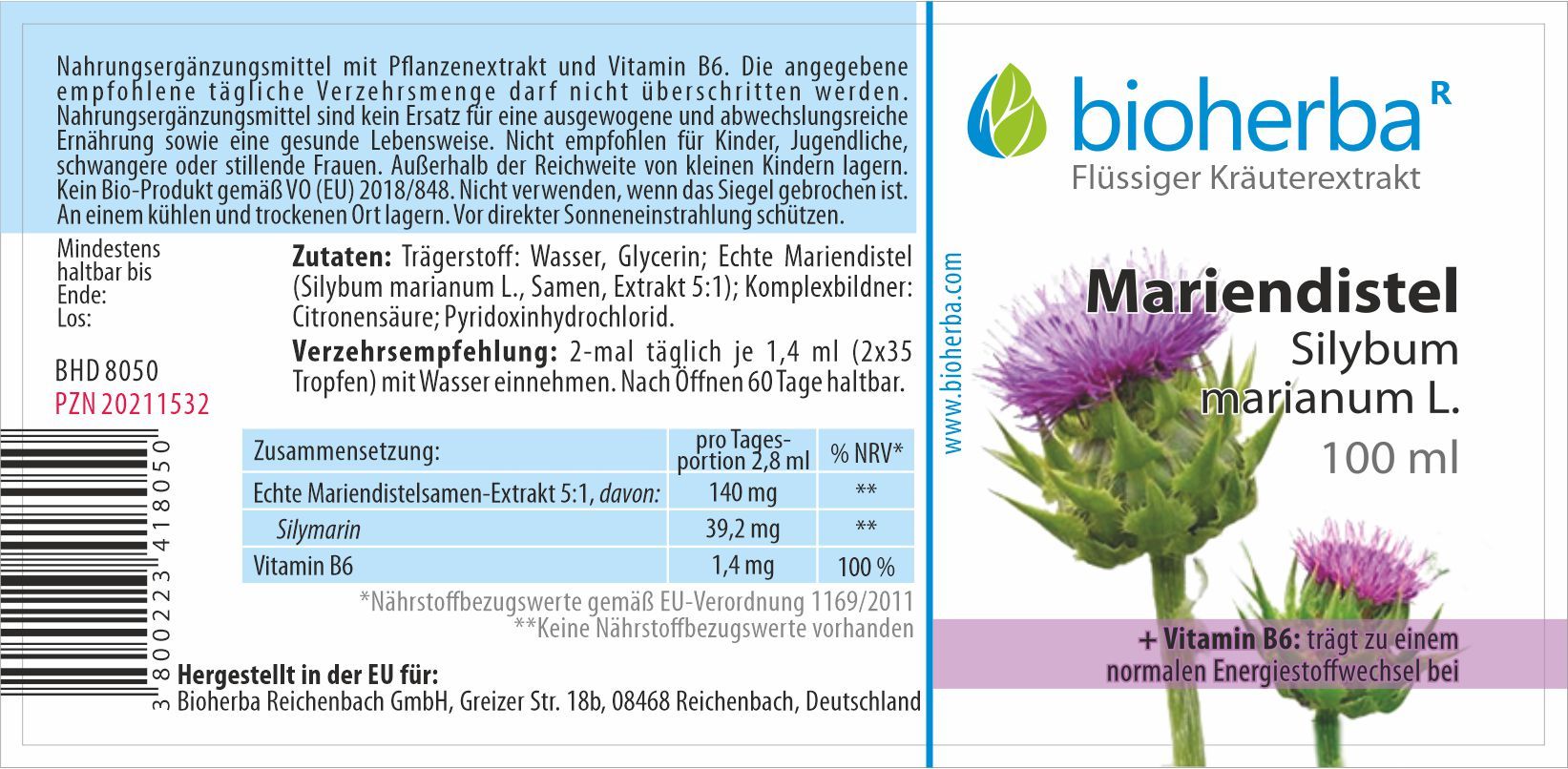 Etikett mit Produktinformationen. Mariendistel Silybum marianum L. Tinktur. Enthält Vitamin B6. Hersteller: Bioherba.