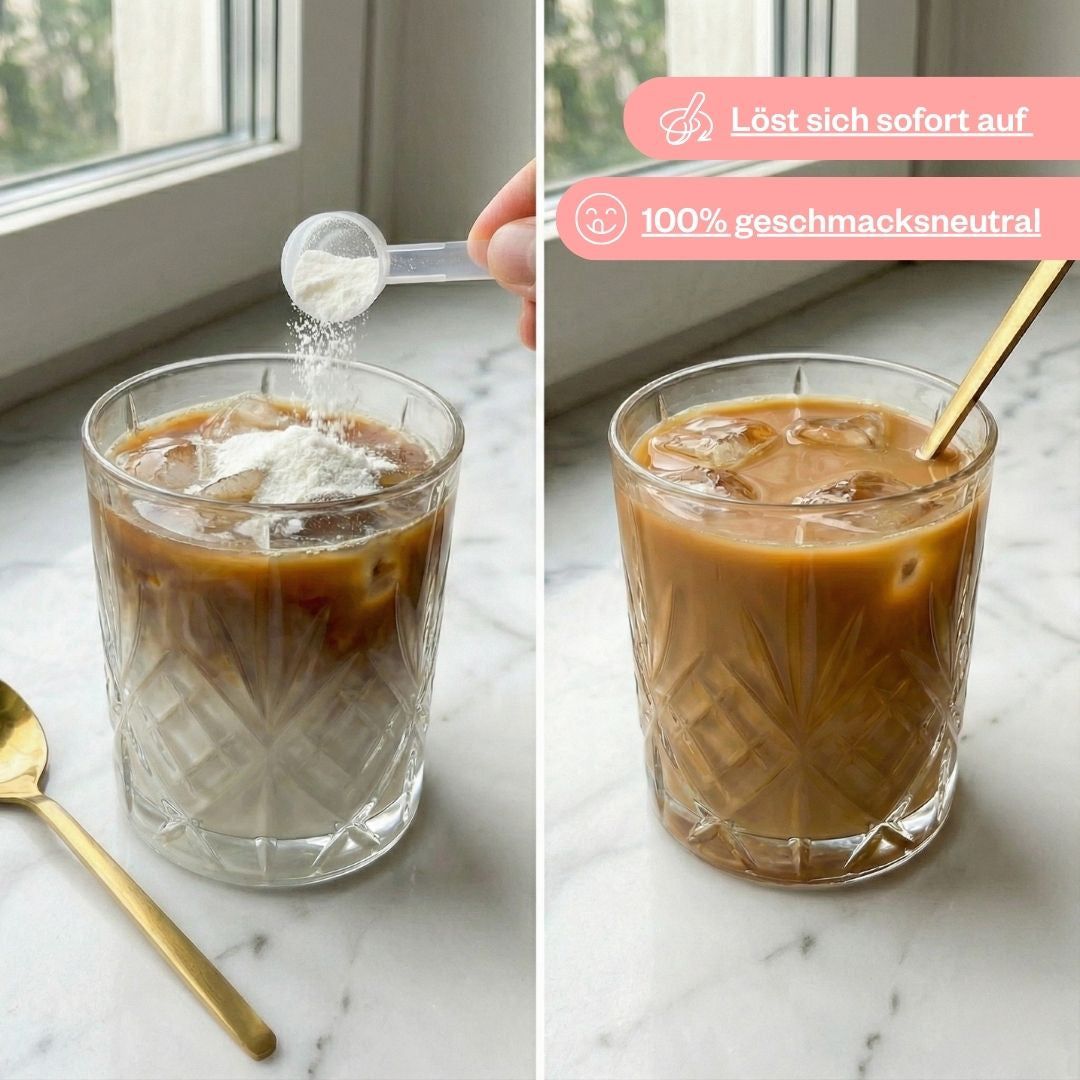 Zwei Gläser mit Getränken. Links: Pulver wird in Kaffee gegeben. Rechts: Fertiges Getränk mit Eis.