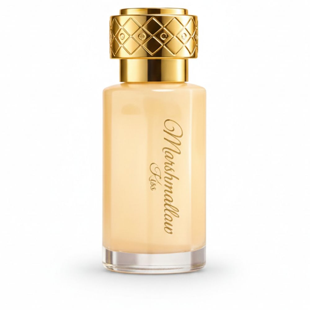 Flakon mit goldfarbenem Deckel. Aufschrift "Marshmallow Kiss". Flüssigkeit in Creme-Farbe.