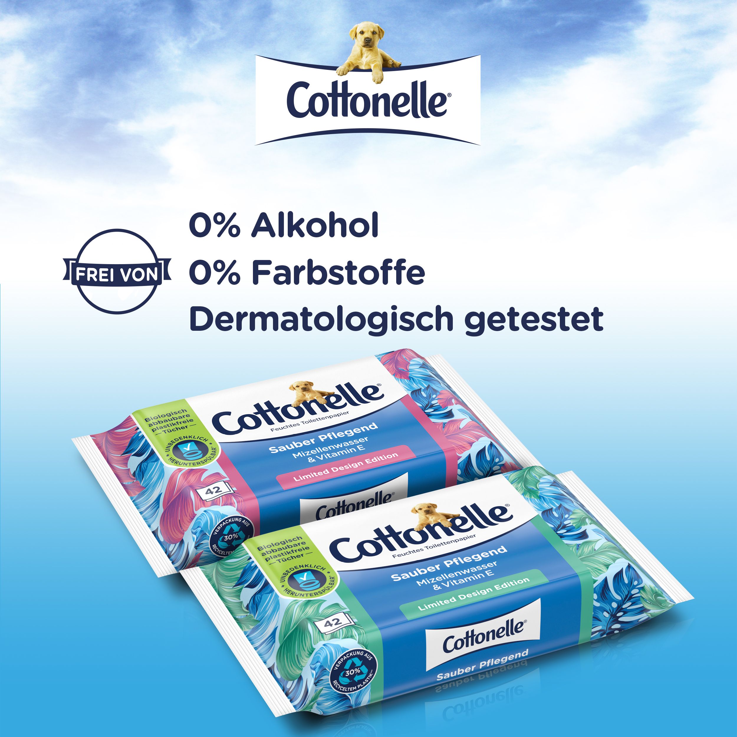 Zwei Packungen Cottonelle Feuchtes Toilettenpapier. Aufdruck: Sauber Pflegend, Mizellenwasser & Vitamin E, Limited Design Edition. 42 Tücher.