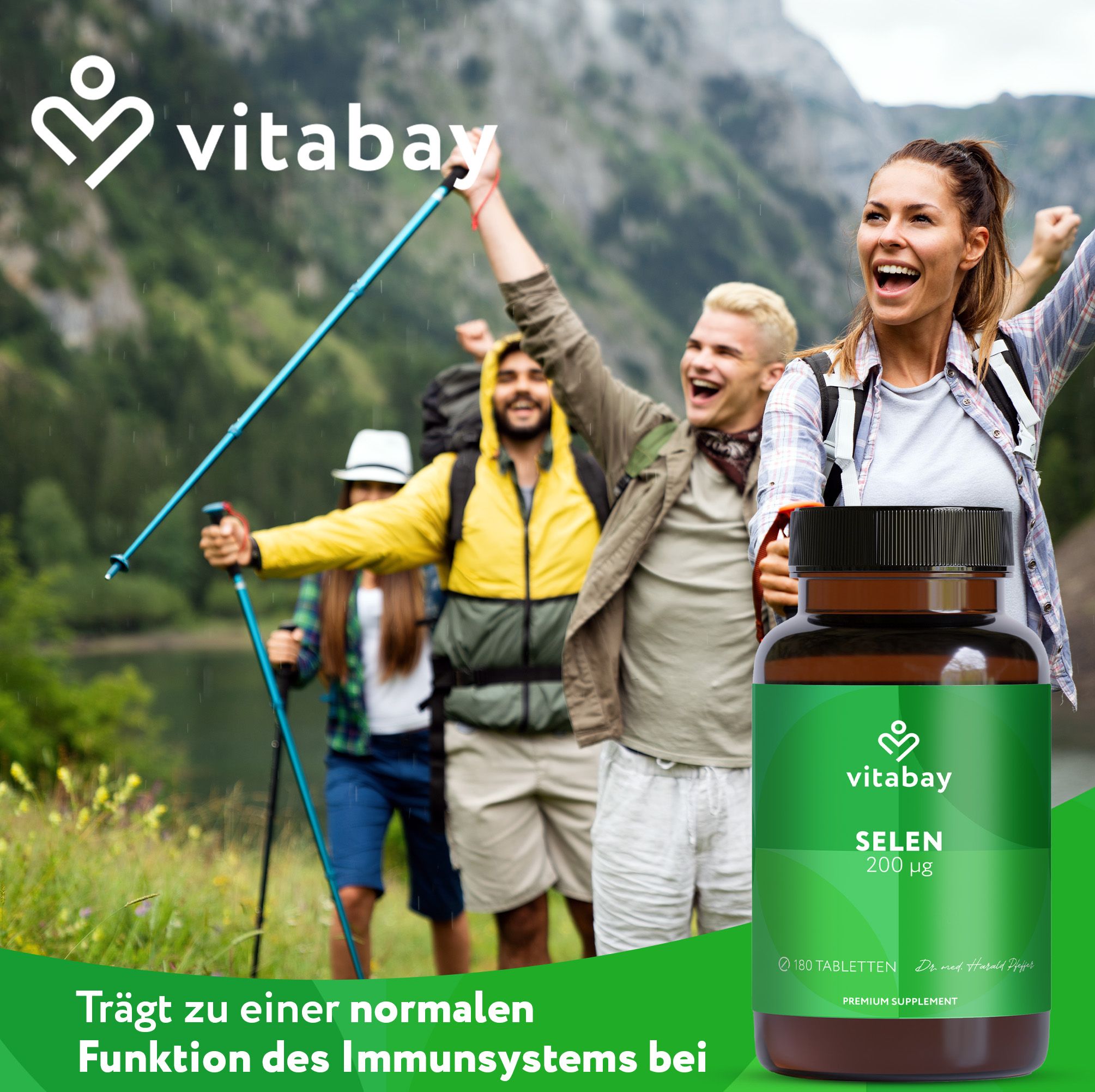 Wandernde Gruppe, Vitabay Selen Flasche, unterstützt Immunsystem.