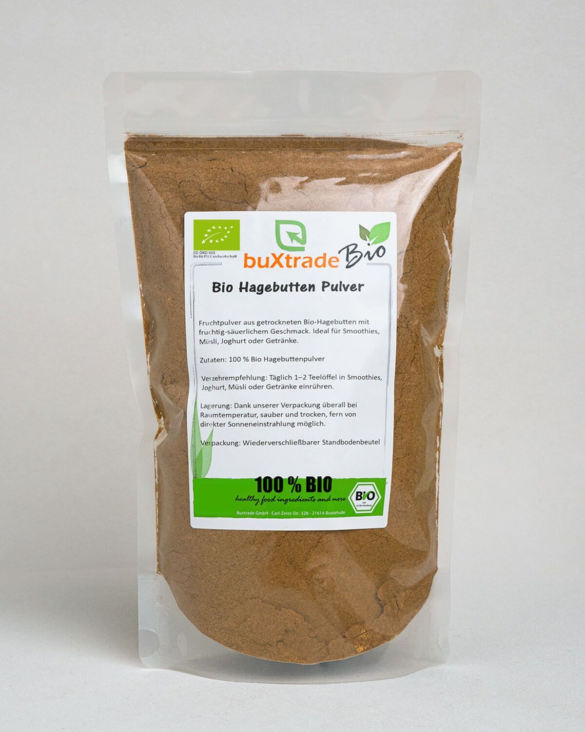 Buxtrade Bio Hagebuttenpulver in einem Standbodenbeutel mit Bio-Siegel und Hinweisen zur Lagerung und Anwendung.