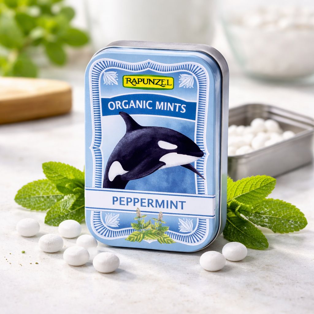 Rapunzel Bio-Minzbonbons mit Orca-Motiv, Pfefferminzgeschmack.