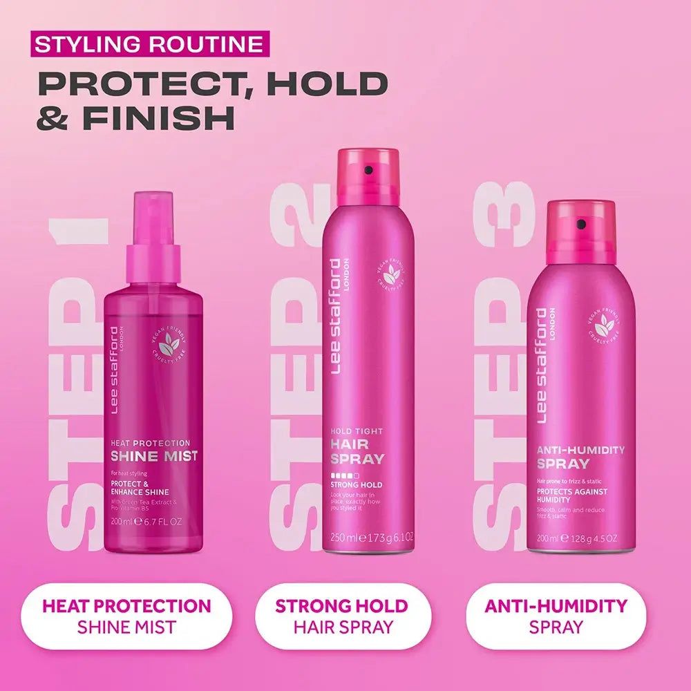 Schritt-für-Schritt-Anleitung für das Haarstyling mit Lee Stafford Produkten: Shine Mist, Hair Spray, Anti-Humidity Spray.