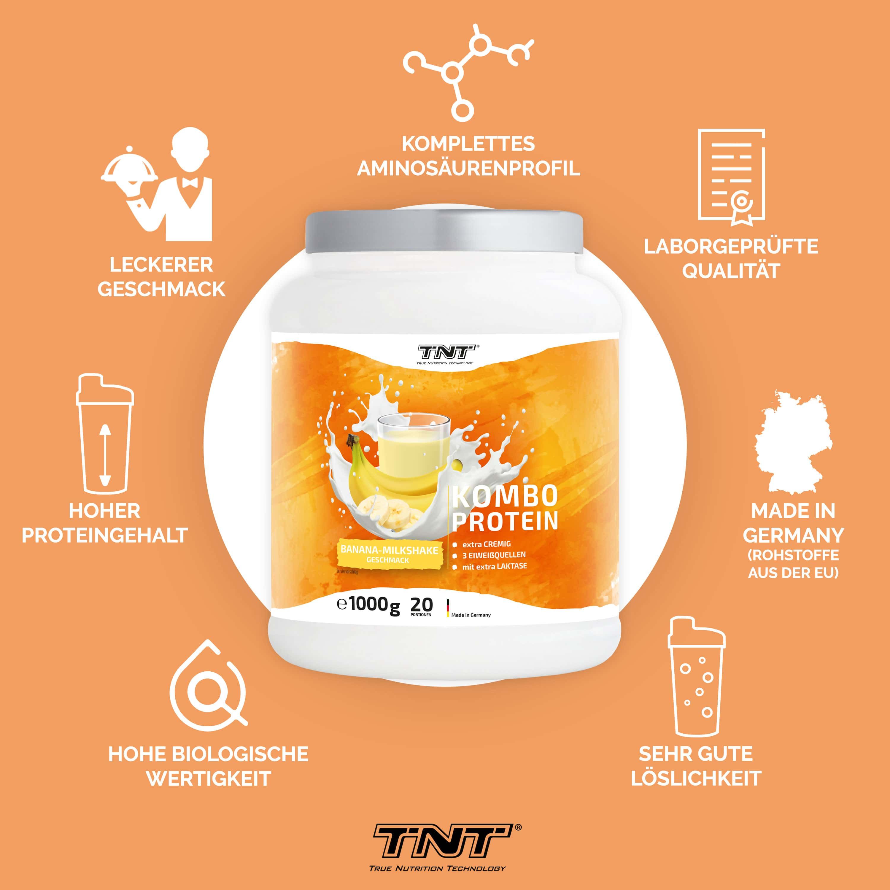 TNT Kombo Protein-Behälter. Bananen-Milchshake-Geschmack. Mit Logos und Icons. Enthält 1000g. Hergestellt in Deutschland.