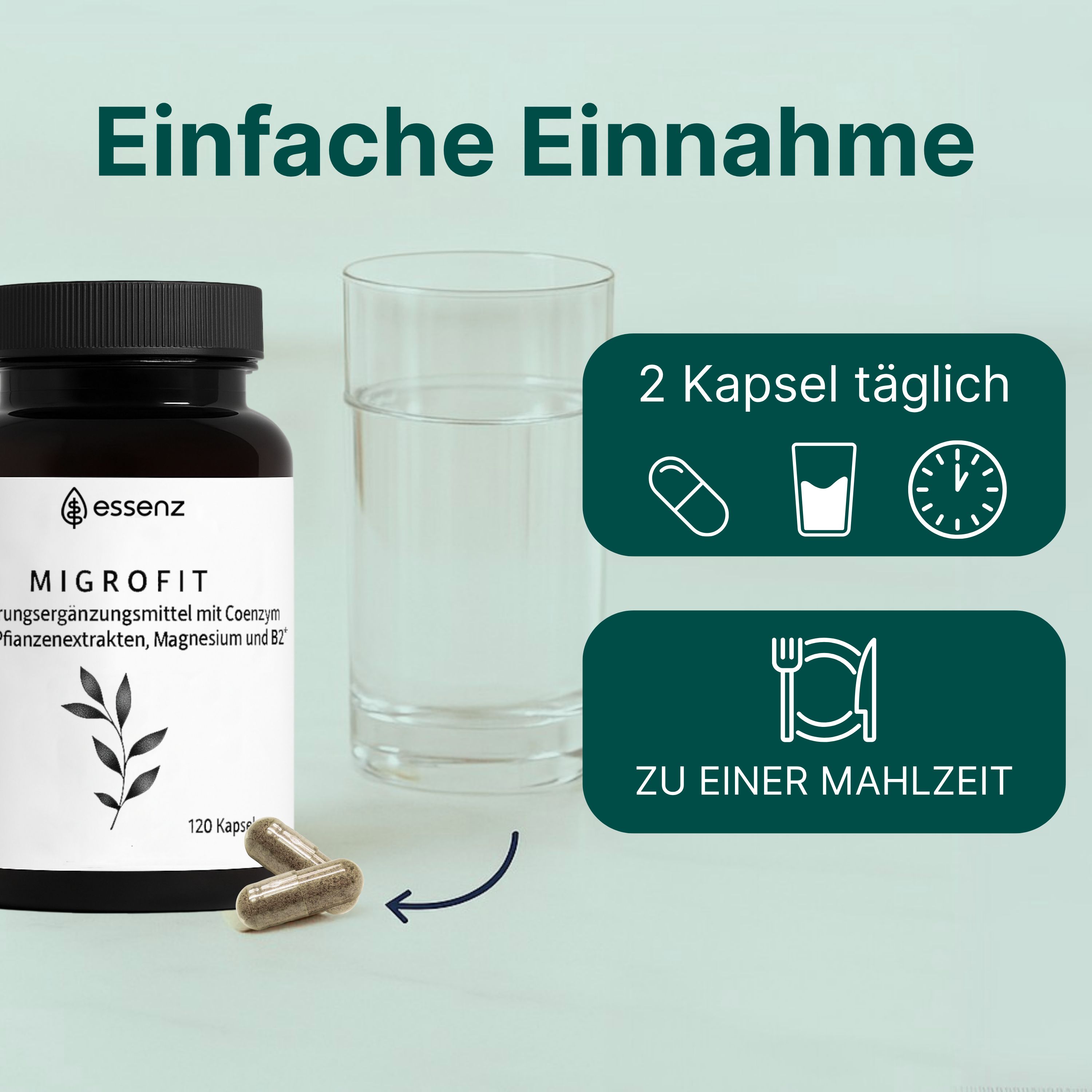 Flasche mit Kapseln, Glas Wasser und Anweisungen zur Einnahme.