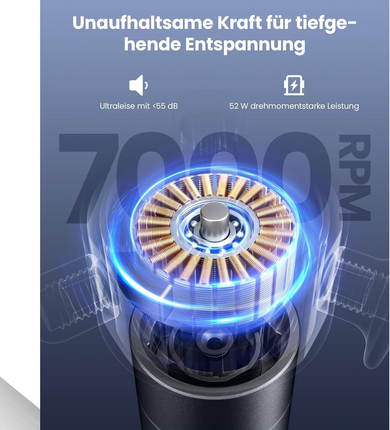 Detailansicht des Motors eines Massagegeräts mit 7000 U/min und 52 W Leistung.