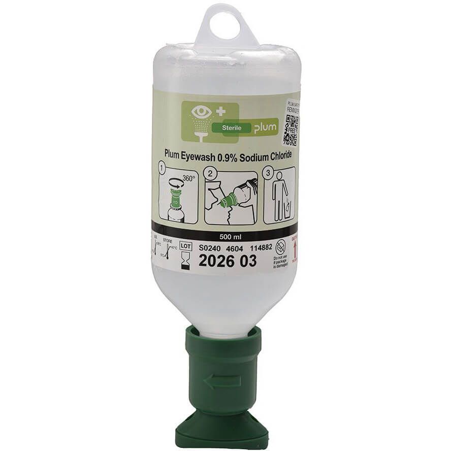 Augenspüllösung-Flasche. Weißer Behälter mit grünem Verschluss. Aufschrift: Plum Eyewash 0.9% Sodium Chloride. Piktogramme zur Anwendung.