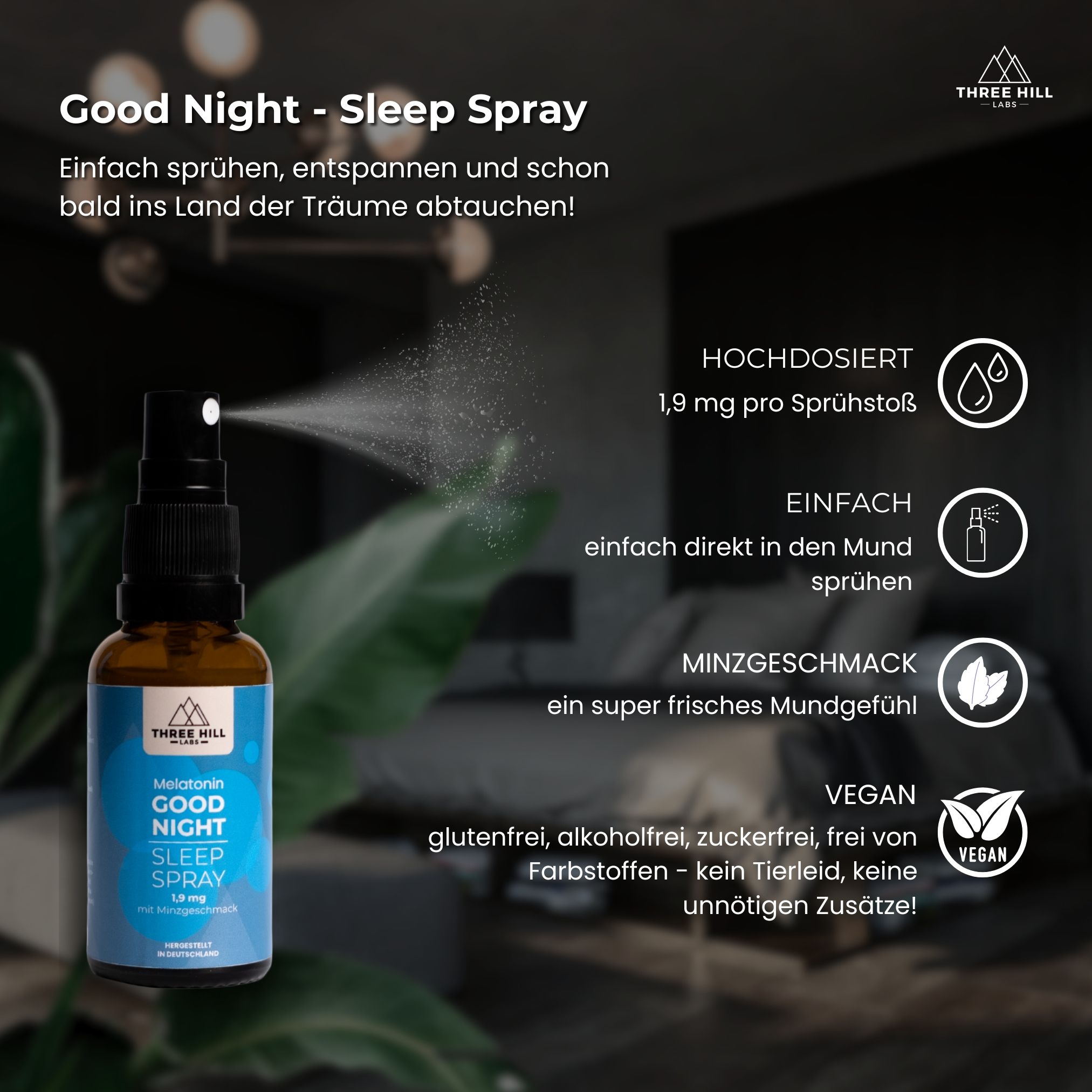 Sprühflasche mit Sprühnebel. Text: Melatonin Good Night Sleep Spray, 1,9 mg. Mit Minzgeschmack. Vegan, zuckerfrei, alkoholfrei. Hintergrund mit Icons.