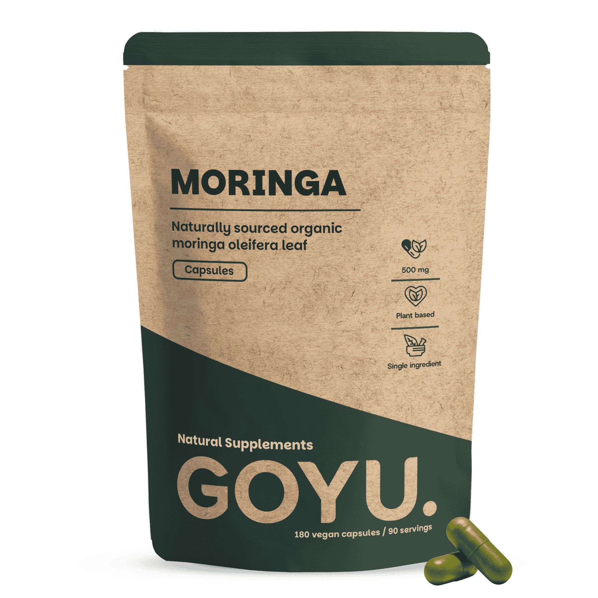 Braune Standbodenbeutel mit Moringa-Kapseln, 500 mg, Bio, vegan.