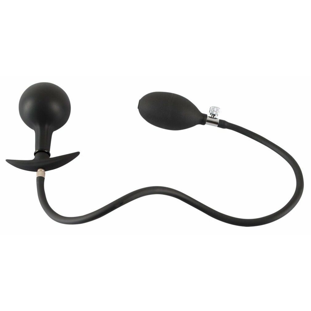 Schwarzer, aufblasbarer Plug mit runder Basis und T-förmigem Griff. Verbunden mit einer Pumpe durch einen Schlauch.