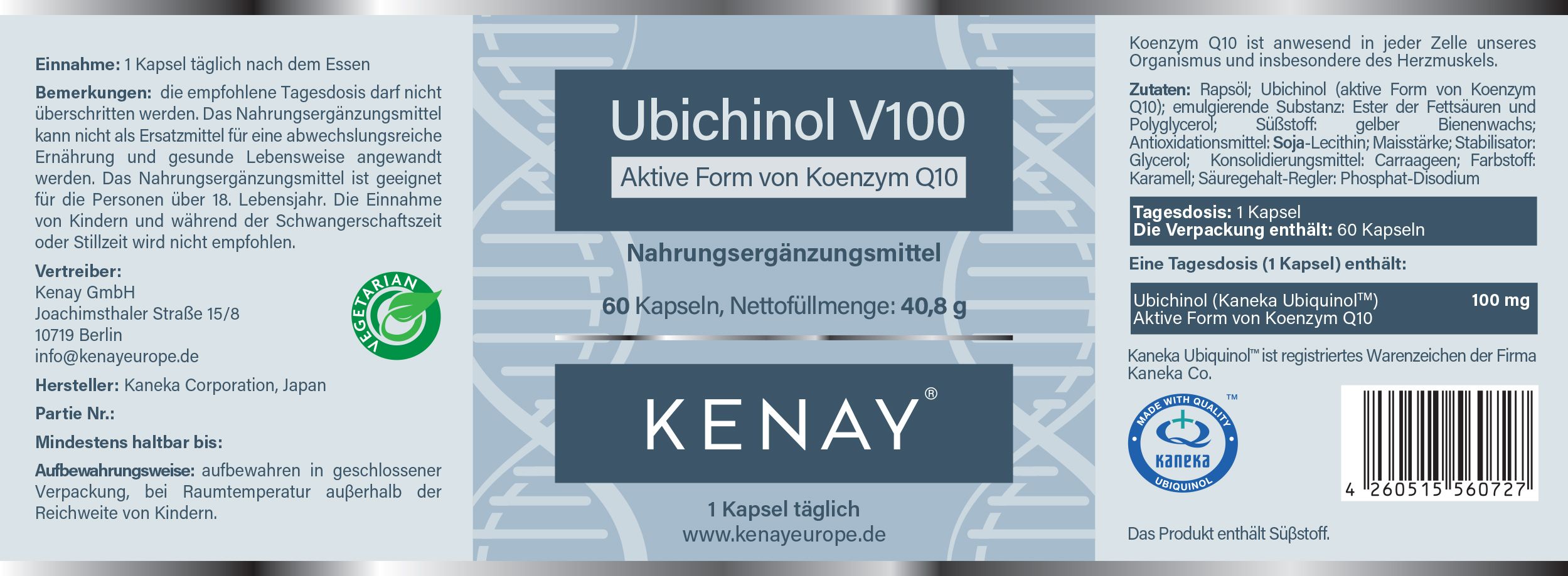 Etikett mit Produktinformationen. Aufschrift: Ubichinol V100, KENAY. 60 Kapseln. Inhaltsstoffe. Hersteller: Kaneka Corporation, Japan.