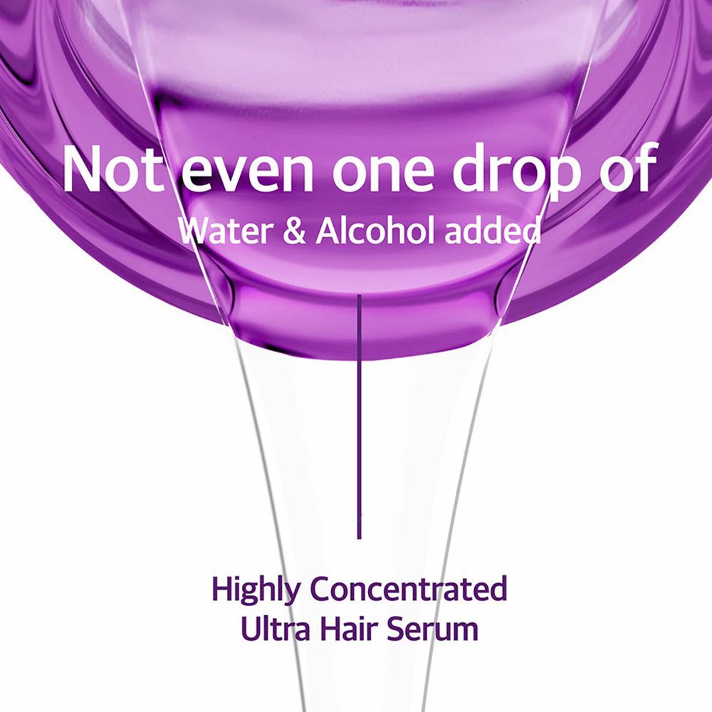 Nahaufnahme von Flüssigkeit, die aus einer lila Form tropft. Text: „Kein Tropfen Wasser & Alkohol hinzugefügt“.